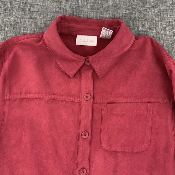Studio Works Women's Red Button Down Blouse Suede Material Medium 100% Polyester - Picture 6 of 15